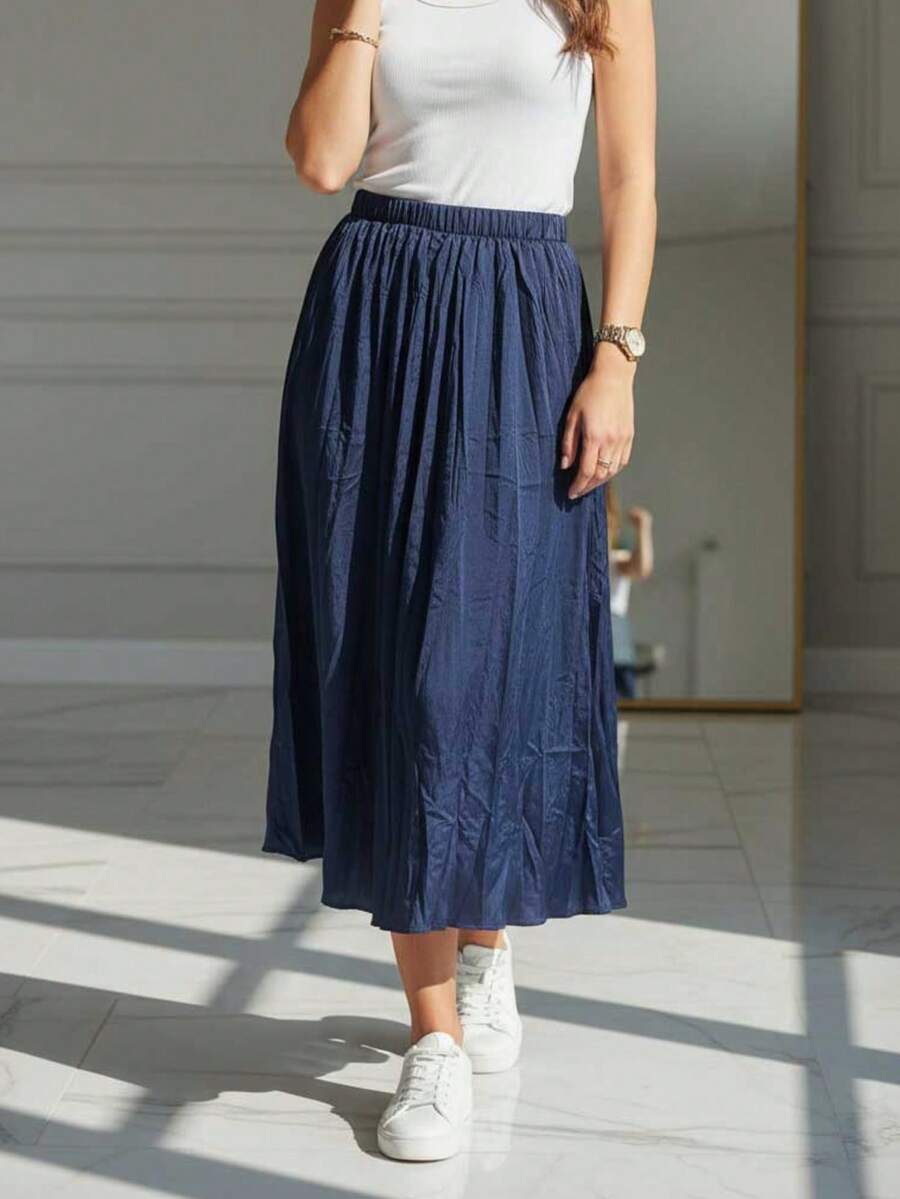 WOMEN CASUAL LOOSE FİT PANTS ELASTİC WAİST - Navy Blue - View 1