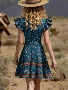Women's Dress With Localized Print, New Spring-Summer 2026 Collection - Medium Wash - View 3