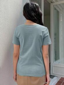 Camiseta básica de cuello redondo, estilo preppy. - Celeste - Ver 4