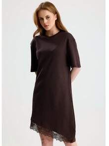 RoseArya Cotton Asymmetric Hem Lace Detail Short Sleeve Dress - Coffee - View 2
