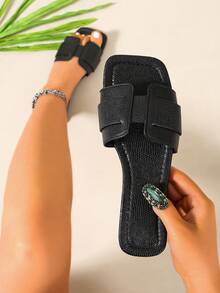 Ximi Ruo Wide Fit Rhinestone Embellished Comfortable Slide Sandals, Brown Flat Strap Casual Outdoor TPU Summer Sandals, Suitable For Dresses, Beach - Black - View 4