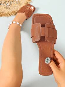 Ximi Ruo Wide Fit Rhinestone Embellished Comfortable Slide Sandals, Brown Flat Strap Casual Outdoor TPU Summer Sandals, Suitable For Dresses, Beach - Brown - View 5