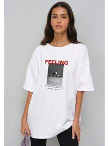 Camiseta de manga corta con estampado de letras FEELING para mujer, estilo retro americano, holgada e informal, para el verano de 2026. - Blanco - Ver 1