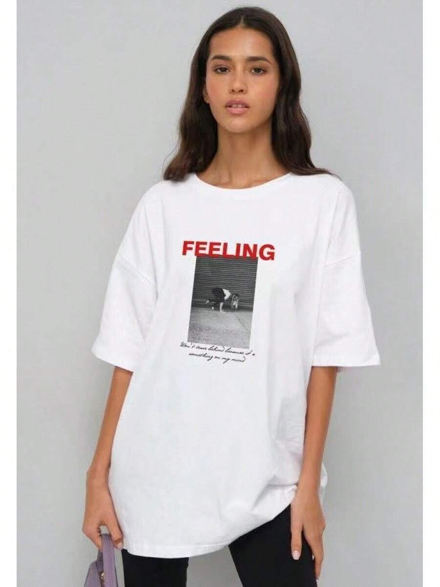 Camiseta de manga corta con estampado de letras FEELING para mujer, estilo retro americano, holgada e informal, para el verano de 2026. - Blanco - Ver 1
