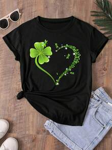 Plus Size T-Shirt With Clover And Heart Print, Fitted Cut And Round Neck - Spring-Summer Top For Women Available In Plus Sizes. - Black - View 6