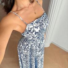 Women's New Waist-Cinching Spaghetti Strap Backless Blue & White Porcelain Ditsy Floral Dress, Fashionable & Elegant Casual Holiday Dress - Multicolor - Ver 7