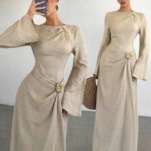 Women's Solid Color Twist Detail Front Metal Buckle Decor Flare Long Sleeve Dress, Ladies' Wedding Guest Dress, Women's Winter Formal Dress - Azul - Ver 5