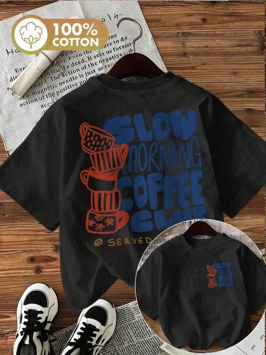 [Impresión a Doble Cara] Camiseta de Mujer de Moda Primavera-Verano, Estilo Pintado a Mano, Estampado Taza de Café, SLOW MORNING COFFEE CLUB SERVED DAILY, Cuello Redondo, Manga Corta, Camiseta de Mujer 100% Algodón [Chu K], Camisetas de Verano - Negro - Ver 1