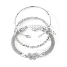 VKME Juego de 3 pulseras de cadena de metal con circonita y cadena trenzada - Plata B - Ver 2
