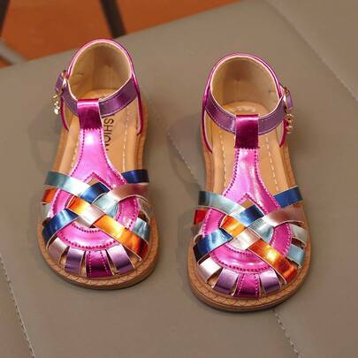 1 Pair New Colorblock Woven Hollow Closed Toe Roman Sandals For Girls, Comfortable Durable Shoes Suitable For Outdoor, Vacation, Beach