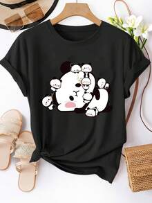 Camiseta de manga corta con cuello redondo para mujer, estampado de la familia panda abrazándose, lavable a máquina, camiseta de primavera/verano, diseño divertido, ajuste cómodo - Camiseta unisex de algodón holgada de estilo vintage con cuello redondo y manga corta. - Negro - Ver 1
