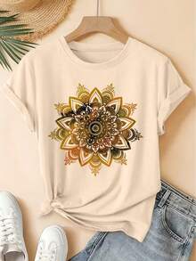 Spring/Summer 2026, New Women's Short Sleeve T-Shirt With Round Neck And Gradient Mandala Print, Distressed Vintage Style, Casual Sports Top, Soft Knit Fabric, High-Quality Women's Clothing. | Fun And Original Design | Fun And Youthful T-Shirt - Unisex Vintage Urban Style, Loose Fit, Cotton, Short Sleeve And Round Neck - 杏色 - 查看 12