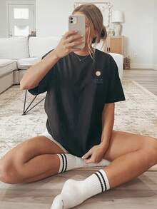 [Double-Sided Print] Women's Spring/Summer Loose Casual Clothing, Short-Sleeve Crew Neck T-Shirt, Sun And Wave Print - Vintage Urban Style, Unisex Cotton Loose Short-Sleeve Crew Neck T-Shirt - 黑色 - 查看 3