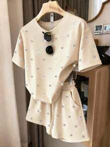 Conjunto informal de 2 piezas de mujer con estampado digital de rayas, cuello redondo y mangas cortas, regalo para amigos - Albaricoque - Ver 5
