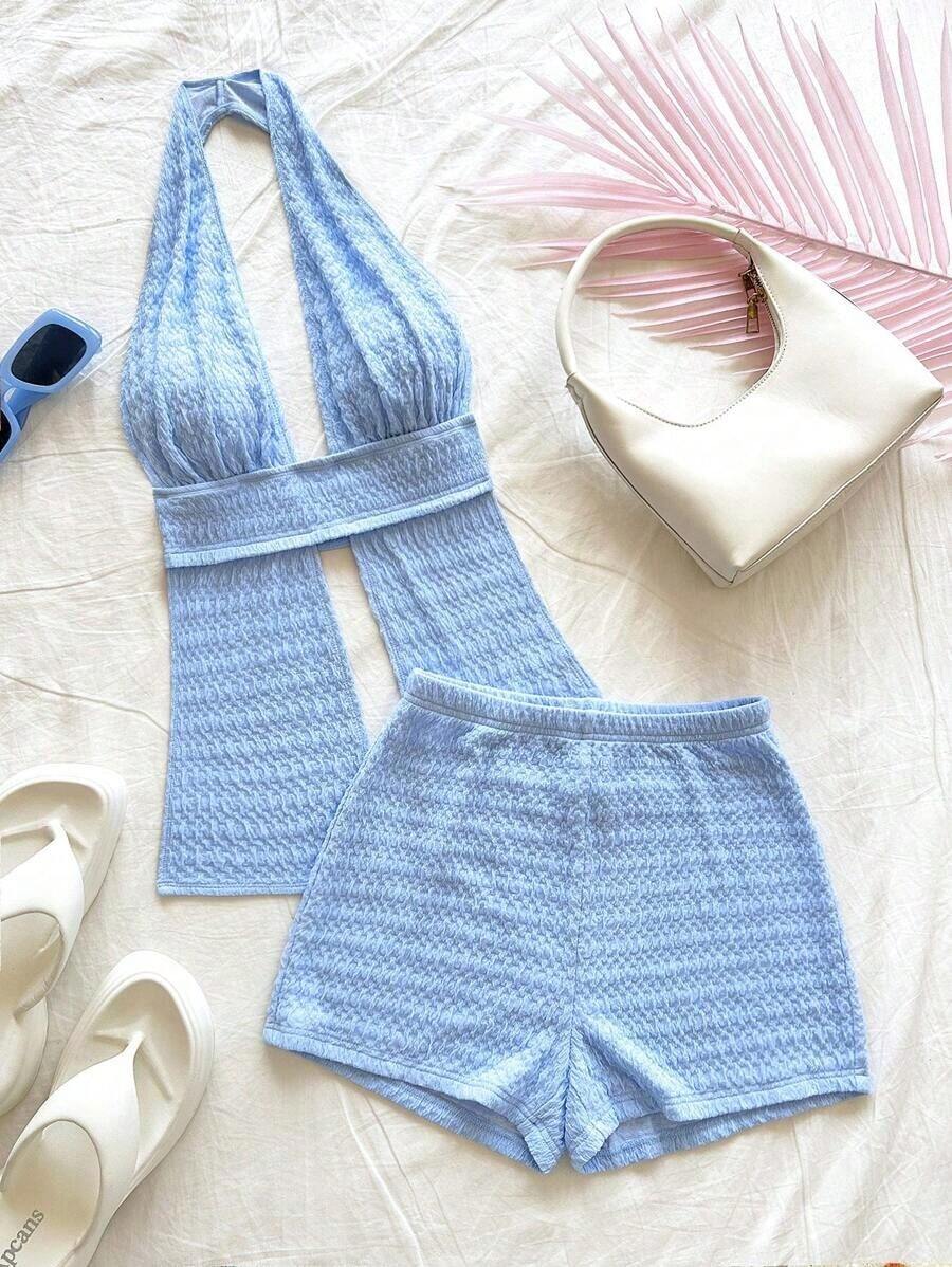 Conjunto de 2 piezas de top halter y shorts de moda para mujer de vacaciones - Azul - Ver 1