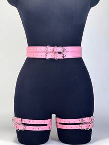 Thắt lưng bản rộng phong cách Gothic Punk kèm dây nịt đùi, thắt lưng corset bằng da PU có thể điều chỉnh, phụ kiện cơ thể gợi cảm phong cách Y2K cho các bữa tiệc đêm. - Hồng - Xem 4
