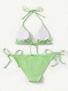 Women's Simple Solid Color Swim Bikini With A Halter Neck And Cutout, Suitable For Beach Vacations And Summer. - 綠色 - 查看 2