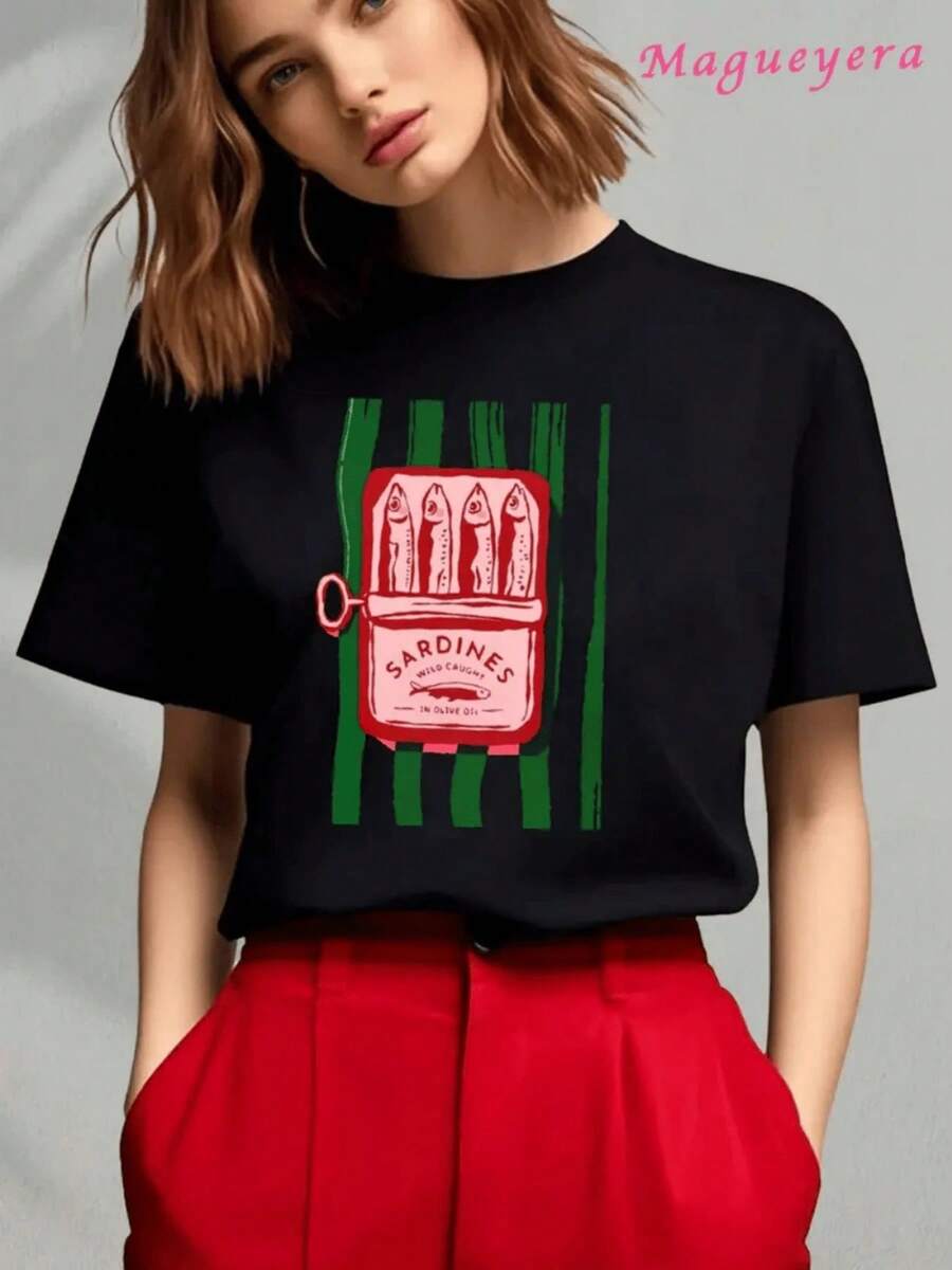 Women's T-Shirt With A Fun Sardine Can Print, Casual Artistic And Modern Style, High-Quality Soft 220g Fabric - 黑色 - 查看 1