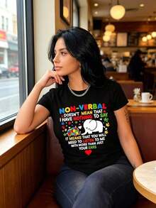 Cotton T-Shirt With Mexican Art Print And Autism Puzzle, Casual Style, Short Sleeve, Round Neck, Fashion For All Seasons, Women's Clothing, Matching Family T-Shirt - 黑色 - 查看 6