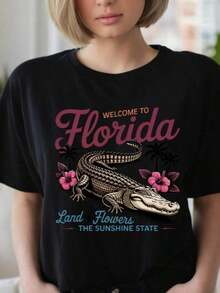 Florida T-Shirt, Florida T-Shirt, Aesthetic Graphic T-Shirt, Sunshine State Florida T-Shirt, Summer T-Shirt Gift, Women's Oversized Summer T-Shirts, Women's Dresses - 黑色007 - 查看 6