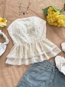 Blusa amarilla casual de verano estilo peplum sin espalda con lazo para mujer, look casual para vacaciones, almuerzo o de regreso a clases - Albaricoque - Ver 7