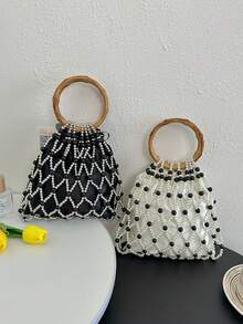 Nueva bolsa de mano tejida a mano con asa circular, cordón con cuentas, adecuada para vacaciones y playa - Multicolor - Ver 2