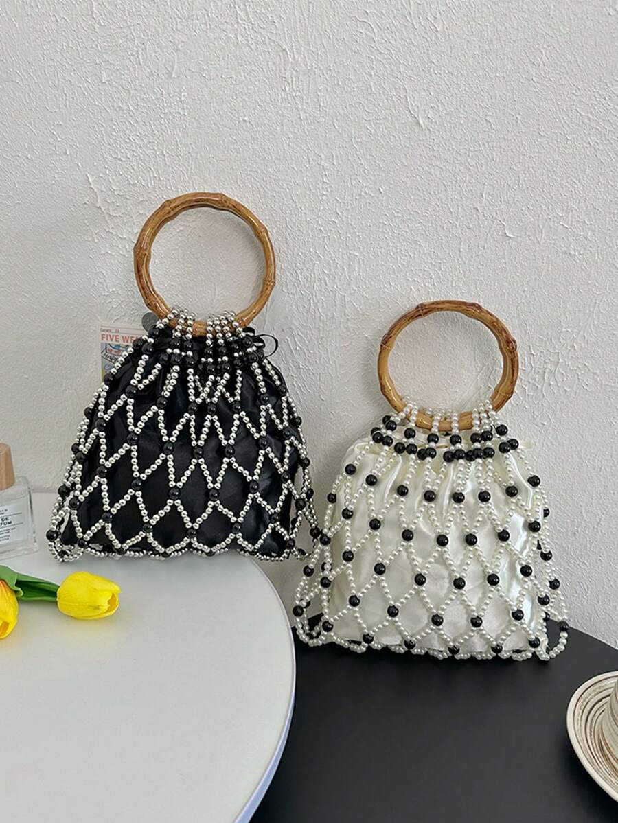 Nueva bolsa de mano tejida a mano con asa circular, cordón con cuentas, adecuada para vacaciones y playa