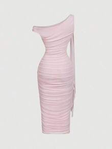 Vestido de longitud media con hombro asimétrico ajustado, fruncido y decoración de hebilla metálica para mujer - Rosa Pálido - Ver 2
