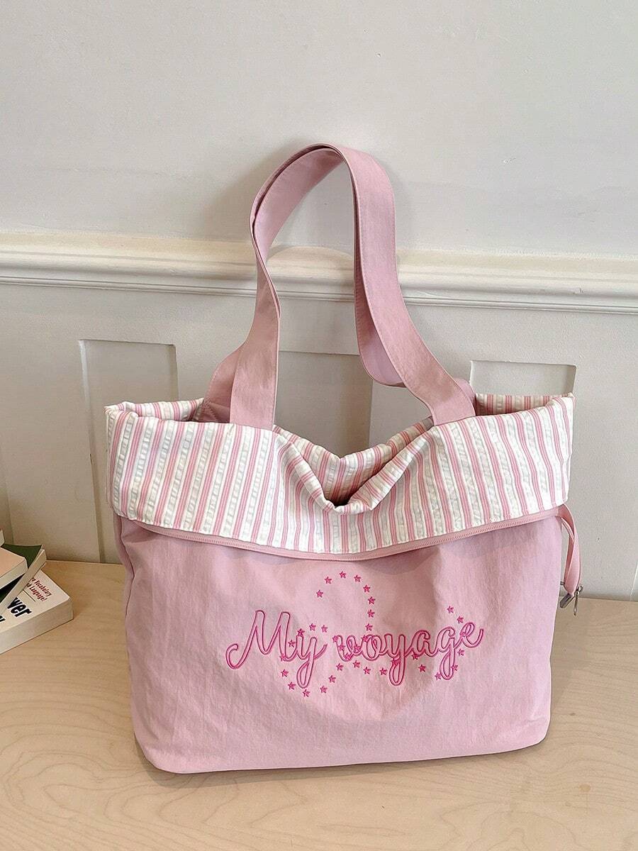 Striped Letter Collegiate Style Women Tote Bag, Casual Large Capacity Student Backpack, Reversible Design For School/Campus