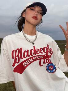 Nueva Colección 2026: Camiseta de Algodón para Mujer, 1 Pieza, Estilo Vintage, Holgada y Estampada - Camiseta casual de manga corta con estampado de letras vintage, transpirable, de cuello redondo, para primavera y verano, lavable aáquina, tela no transparente, corte holgado, algodón ligero. - Blanco - Ver 7