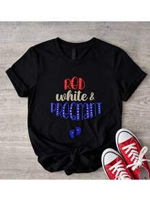 Casual Women s Cotton Short Sleeve Round Neck T-shirt with Red White and Pregnant Print - Negro - Ver 1