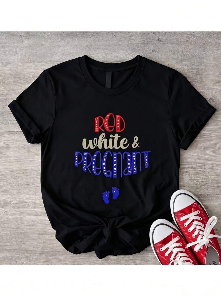 Casual Women s Cotton Short Sleeve Round Neck T-shirt with Red White and Pregnant Print - Negro - Ver 1