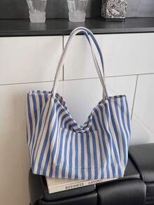 Hevel Vintage Style Fashion Striped Canvas Tote Bag, Large Capacity Shoulder Bag, Casual Design Suitable For Women's Travel And Vacation Use, Essential Travel Accessory For Women - Blue - View 2