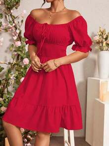 Vestido de mujer de manga corta con cuello cuadrado de unicolor, de moda para el verano - Rojo - Ver 3