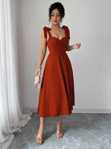 elegante y romántico para mujer con lazo decorativo en la cintura y corte evasé sin mangas - Óxido marrón - Ver 5
