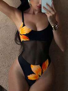 Traje de baño de una sola pieza para mujer con diseño de unicolor, tirantes, parches de malla, sexy y con recortes, estilo bohemio para festivales - Negro 3 - Ver 5