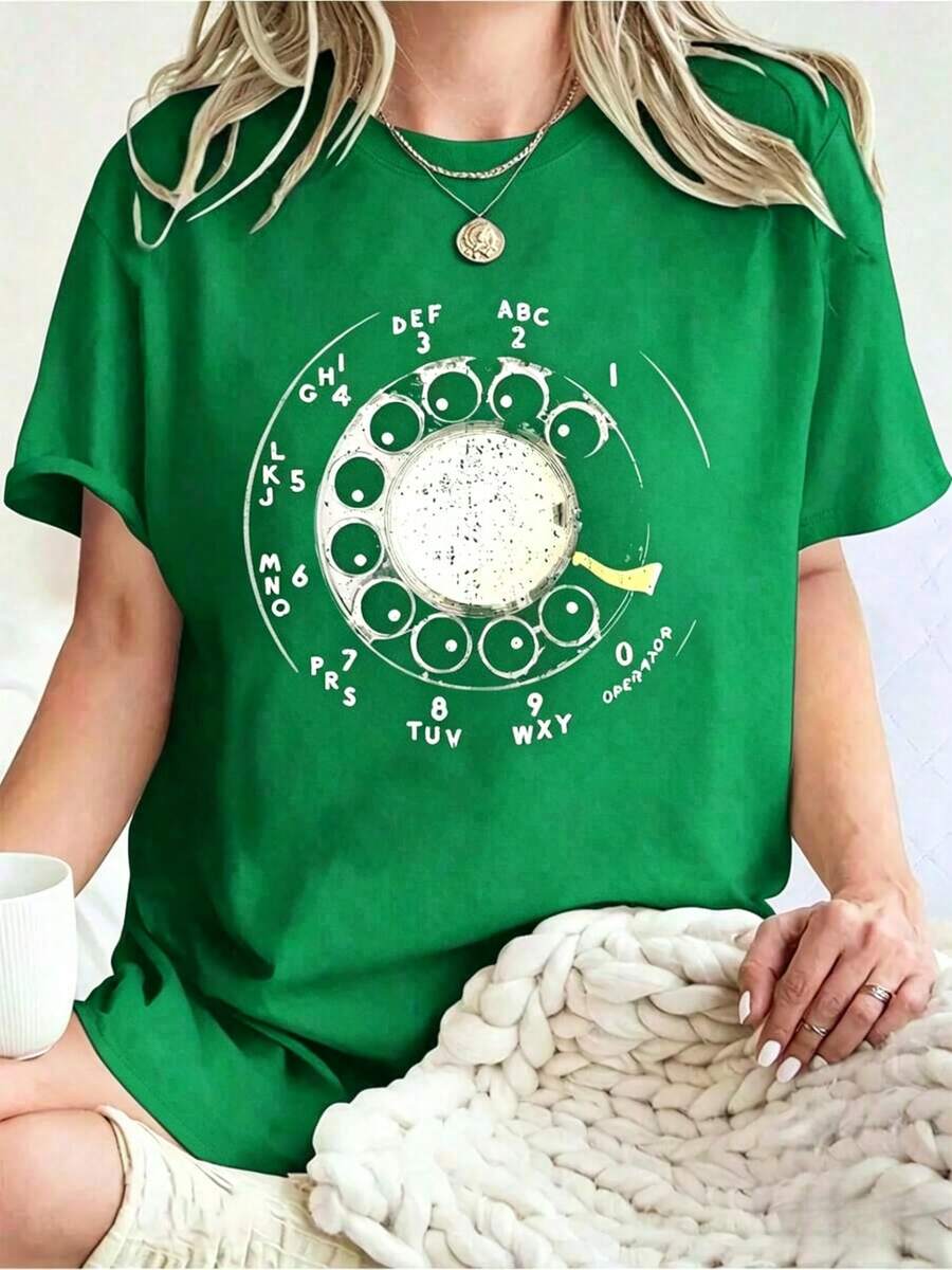 Camisas de moda 100% algodón, estilo retro, con diseño de teléfono de disco, casuales y cómodas, adecuadas para uso diario, muy apropiadas como regalo de cumpleaños para familiares y amigos. Ropa de verano holgada y cómoda - Verde - Ver 1