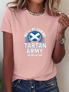 Camiseta de Cuello Redondo Estampada para Mujer, Serie de Ropa EE.UU.-México, Estilo de Apoyo a Fanáticos con Estampado Tartan Army, Creando un Ambiente y Estilo para Ver Partidos.Ropa para Entusiastas del Fútbol, Atuendo de Animación.Nueva Camiseta de Manga Corta Cómoda para Primavera/Verano - Rosa - Ver 7