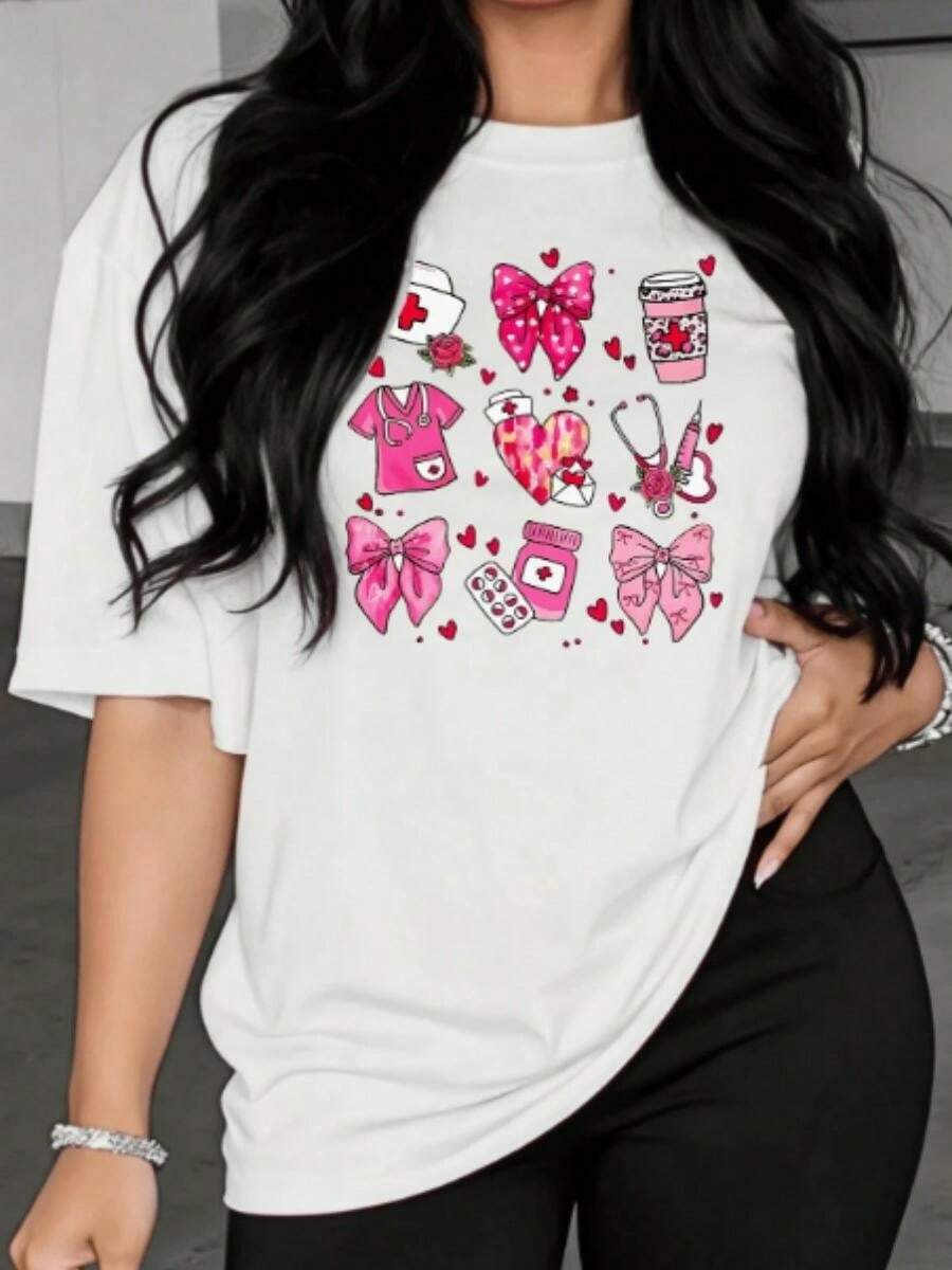 Camiseta de mujer casual de manga corta, opciones de color negro y blanco, impresión con tema de enfermera, con lazos rosados, iconosédicos, corazón, estetoscopio, diseño de pastillas y taza, top gráfico lindo para uso diario, traba
