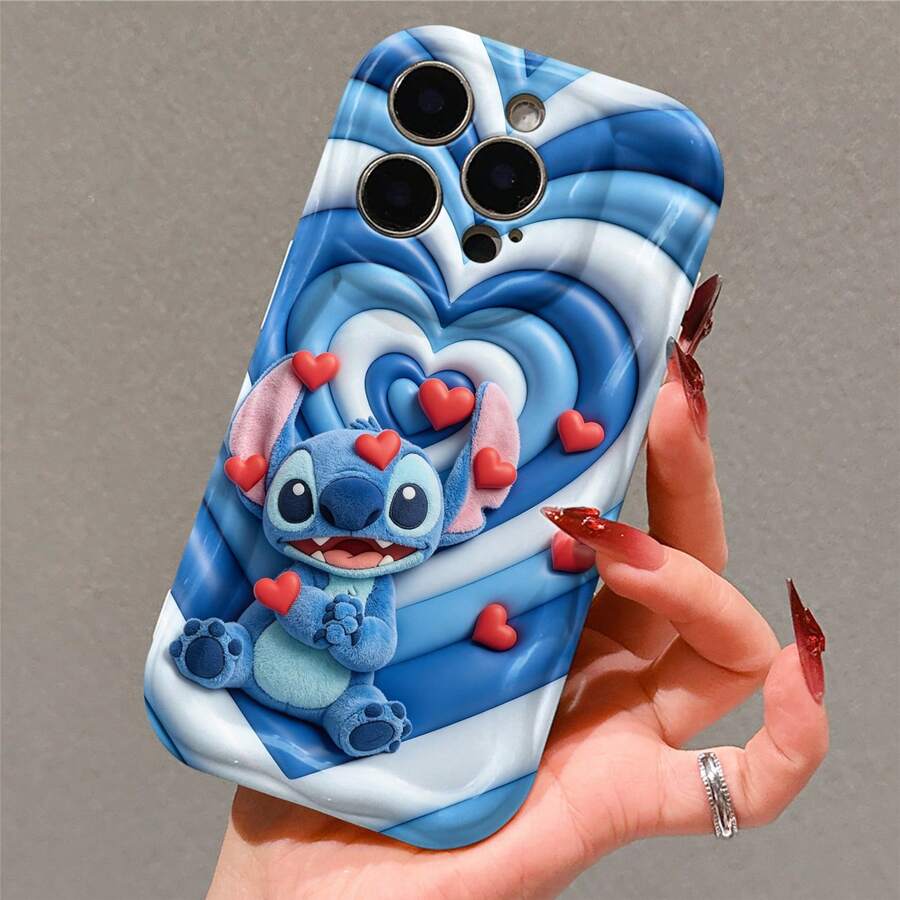 Disney Stitch Phone Case, Official Disney Lilo & Stitch Character Design, Love-Themed Stitch With Red Hearts On Blue Background Protective Cover. Compatible With IPhone 17, 16, 15, 14, 13, 12, 11 Pro Series, Featuring Stitch Surrounded By Layered Hearts In A 3D Plush Style, Perfect For Disney Fans And Stitch Lovers To Showcase Their Favorite Character, Ideal For Birthdays, Holidays, Anniversaries, Graduation Gifts, Or Any Special Occasion To Surprise Family, Friends, Classmates, And Loved Ones. - 白色 - 查看 1