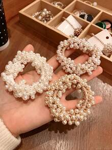 1/4件裝彩色全珠髮圈，時尚女款珠飾髮帶，甜美清新珠飾馬尾髮圈，可愛彈性橡膠髮圈，精美百搭日常髮飾，適合復活節、母親節、畢業季、生日、伴娘派對、暑假、節日聚會的完美禮物 - 彩色 - 查看 6