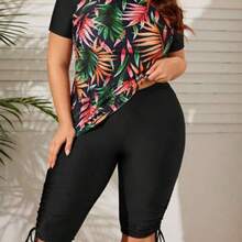 Swim Lushore 2pcs Plus Size Women Summer Random Print Short Sleeve Cropped Top And Shorts Bikini Swimsuit, Casual Vacation - Negro - Ver 1