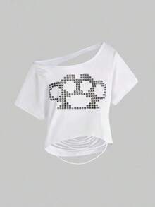 ROMWE Grunge Punk Camiseta corta holgada con hombro asimétrico, espalda abierta y rasgada - Gris - Ver 10