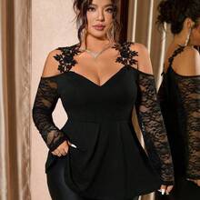 Cravure Plus Size Women's New Black Sleeveless Cold Shoulder T-Shirt, Mesh Lace Sleeve Patchwork, Embroidered Strap, Elegant Black Top, Sexy And Slimming, Fashionable And Refined For Daily Outings, Dates, Gatherings/Parties, Bars, Suitable For Autumn And Spring - Albaricoque - Ver 5