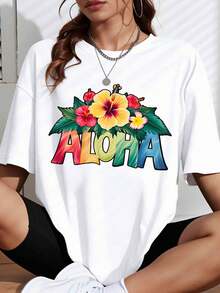 Aloha Hawaiian Flower Print T-Shirt Women Summer Casual Oversized White Top Beach Vacation Outfit Graphic Tee For Day Party - 白色 - 查看 1