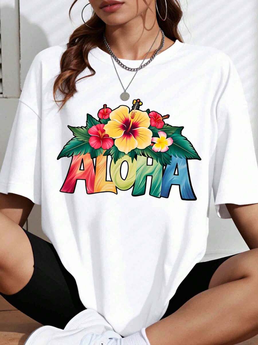 Aloha Hawaiian Flower Print T-Shirt Women Summer Casual Oversized White Top Beach Vacation Outfit Graphic Tee For Day Party - 白色 - 查看 1