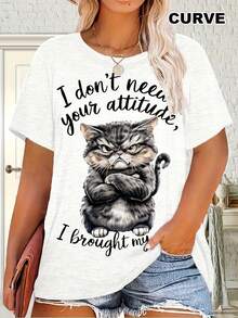 Plus Size - Plus Size - Women's Cute Cat Print T-Shirt, Casual, Round Neck And Short Sleeves, Suitable For Outdoor Activities In Summer. - White - View 5