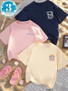 3-Piece Tween Girl Set - Printed T-Shirt, Soft And Comfortable Fabric, Suitable For Outdoor Sports, Daily Wear, Street Style, Campus Style, Fashionable For Girls In Spring And Summer, Versatile Casual Top - Pink - View 5