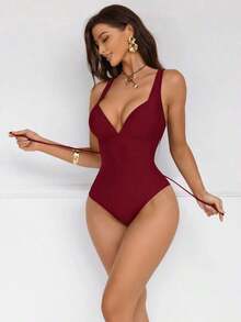 Traje de baño de una pieza con control de abdomen y push-up, con parches de color marrón, cordón de ajuste elegante y sexy, para fiestas y piscina - Burdeos 2 - Ver 4