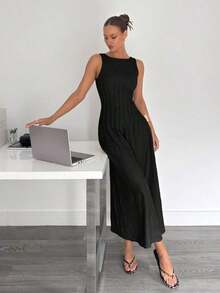 Nuevo vestido largo de verano con corte en la cintura y diseño fruncido, estilizador - Negro - Ver 7